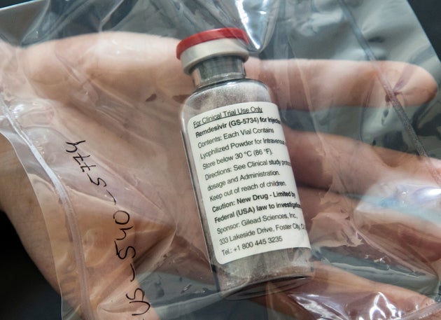 An ampule of Remdesivir is pictured during a news conference at the University Hospital Eppendorf (UKE)...