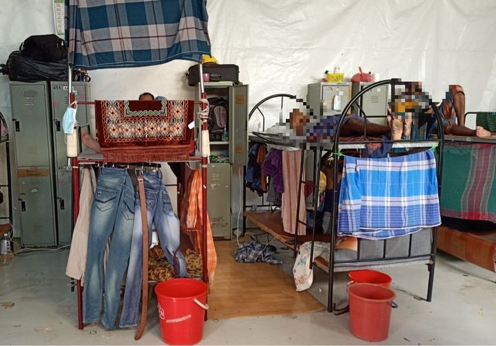 Low-wage migrant workers in Singapore often live in crowded dorms, which sometimes house 20 people to a room. Images of the occupants have been pixelated to protect their identities.