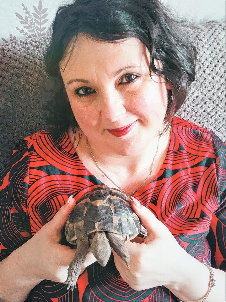 Paula Stewart and Jeff the tortoise