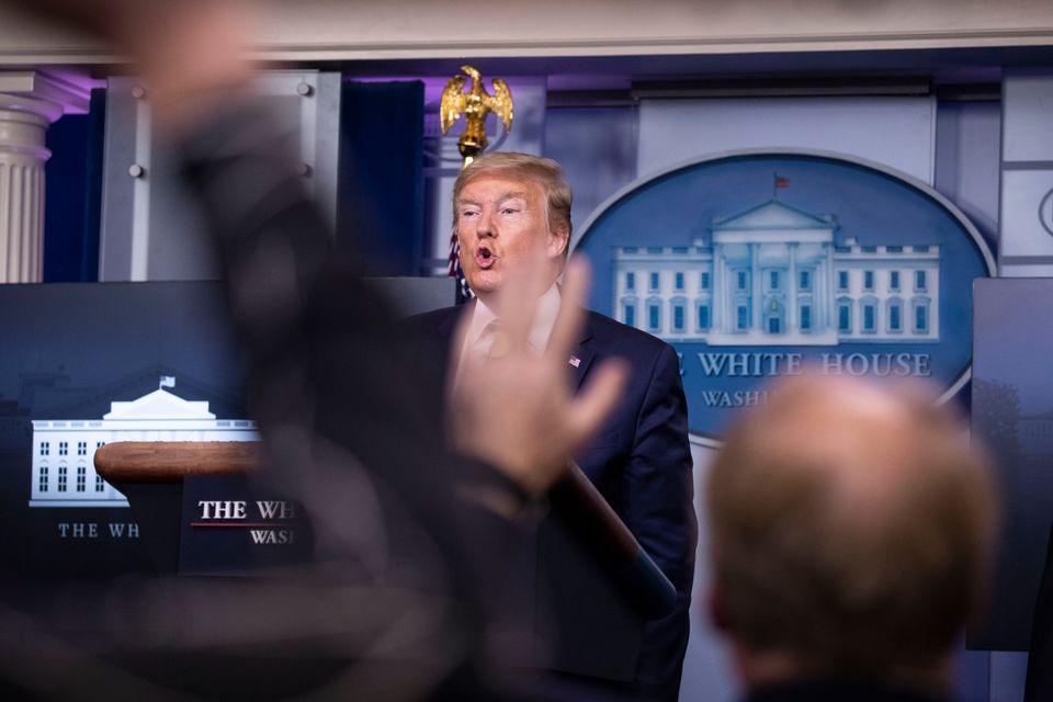 President Donald Trump departs after speaking about the coronavirus in the James Brady Press Briefing Room of the White House on Thursday