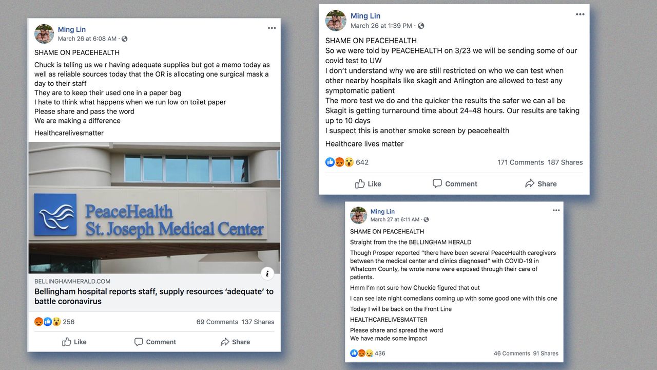 Facebook posts by physician Ming Lin criticizing St. Joseph Medical Center before he was terminated.