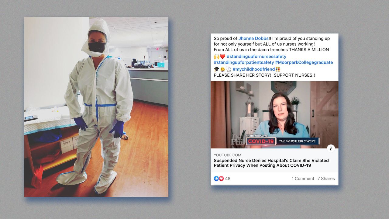 Left: Jhonna Porter while working in protective equipment. Right: Facebook post praising Jhonna Porter. 