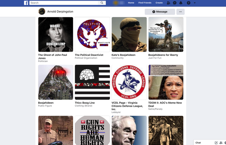 A series of extremist Facebook pages "liked" by Aaron Swenson, who was arrested for allegedly attempting to attack police officers in Texas. 