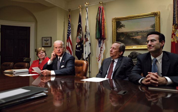 Then-Vice President Joe Biden sitting next to Larry Summers in a meeting at the White House on Oct. 2, 2009. 