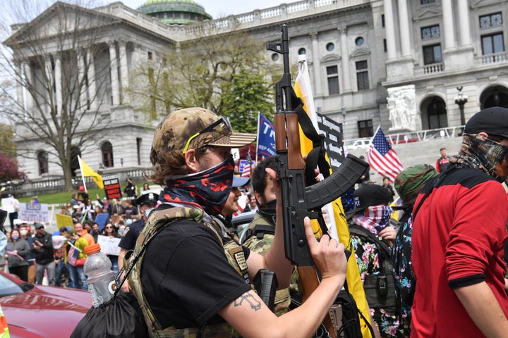 People take part in a "reopen" Pennsylvania demonstration on April 20, 2020 in Harrisburg, Pennsylvania.&nbsp;