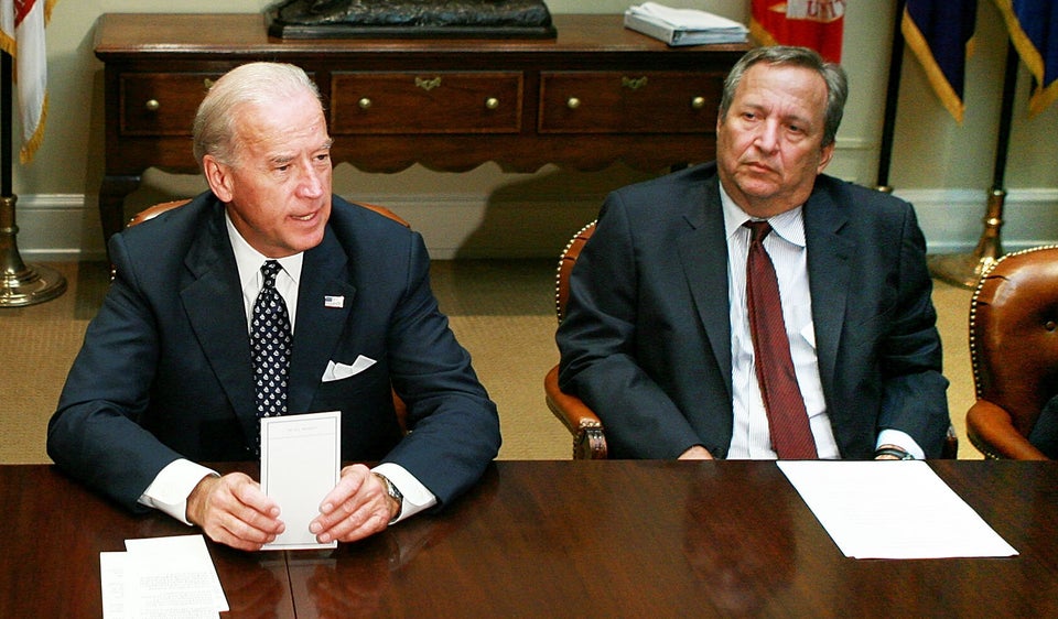 Then-Vice President Joseph Biden and then-Director of the National Economic Council Larry Summers, in...