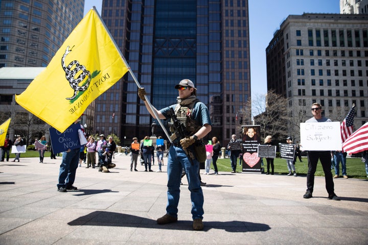 A protest against stay-at-home orders in Columbus, Ohio, on April 20, 2020.&nbsp;