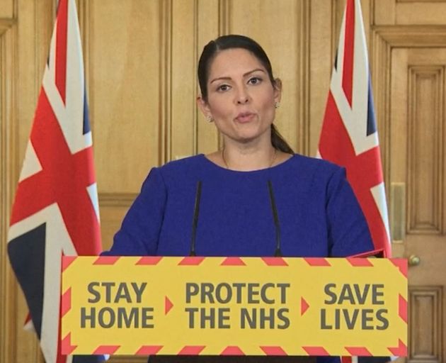 Screen grab of Home Secretary Priti Patel during a media briefing in Downing Street, London, on coronavirus (COVID-19). (Photo by PA Video/PA Images via Getty Images)