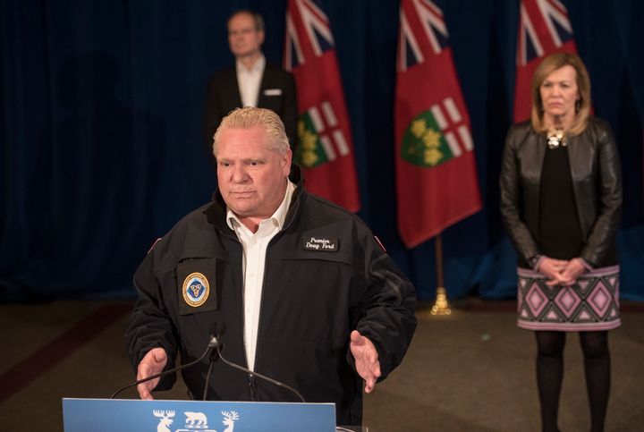 Ontario Premier Doug Ford responds to a question during his daily update regarding COVID-19 at Queen's Park in Toronto on Saturday.