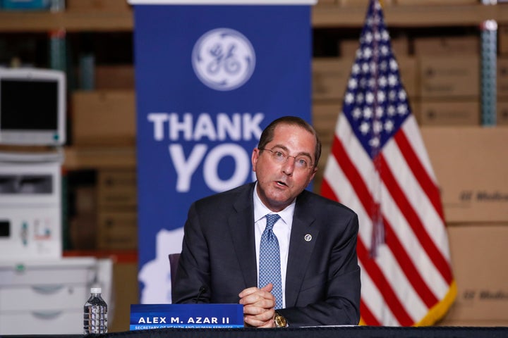 U.S. Secretary of Health and Human Services Alex Azar speaks during roundtable discussion after touring GE Healthcare Manufacturing Facility in Madison, Wisconsin, on April 21, 2020.