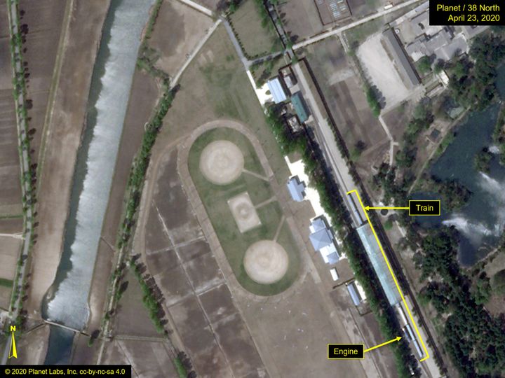 What is described by Washington-based North Korea monitoring project 38 North as a special train possibly belonging to North Korean leader Kim Jong Un is seen in a satellite image with graphics taken over Wonsan, North Korea.