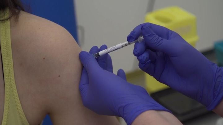 Screen grab issued by POOL showing microbiologist Elisa Granato being injected as part of human trials at Oxford University.