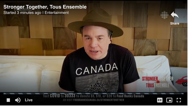Mike Myers, sporting what appears to be a Mountie hat, talks during the "Stronger Together" fundraiser, Apr. 26, 2020.