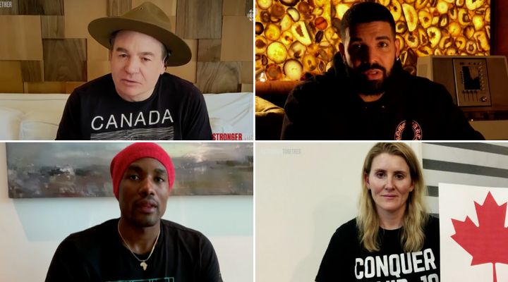 Clockwise from top left: Mike Myers, Drake, Hayley Wickenheiser and Serge Ibaka at Sunday night's "Stronger Together" show, Apr. 26, 2020.