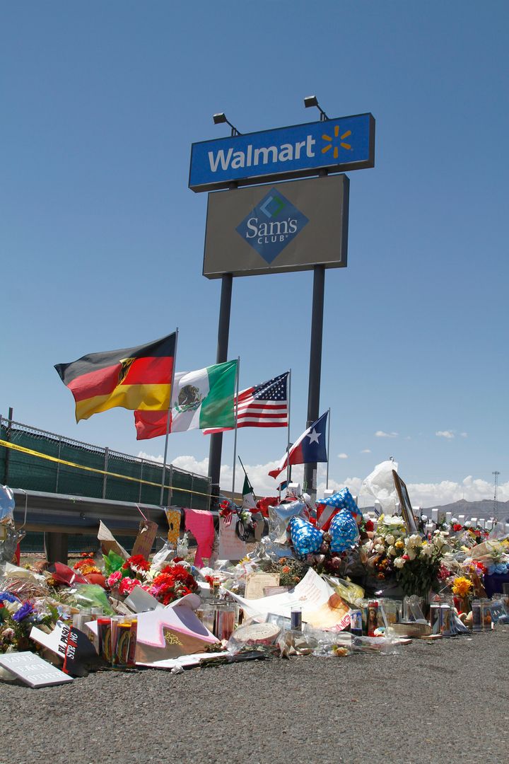 This Aug. 12, 2019 file photo shows a makeshift memorial near the Walmart in El Paso, Texas, a mass shooting claimed 23 lives.