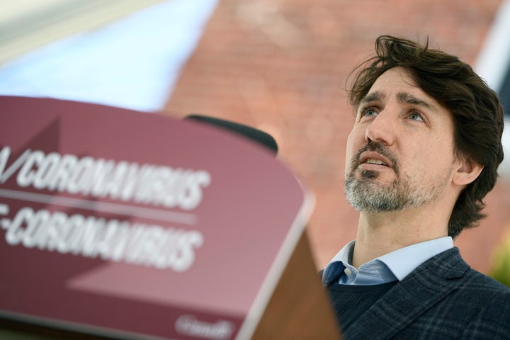 Prime Minister Justin Trudeau speaks outside his residence at Rideau Cottage in Ottawa on April 25, 2020.