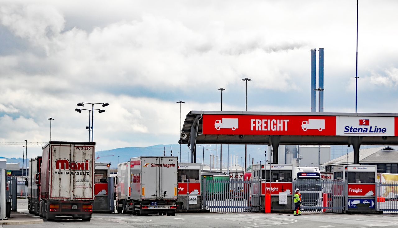 Lorries go through freight checks at Dublin Port.