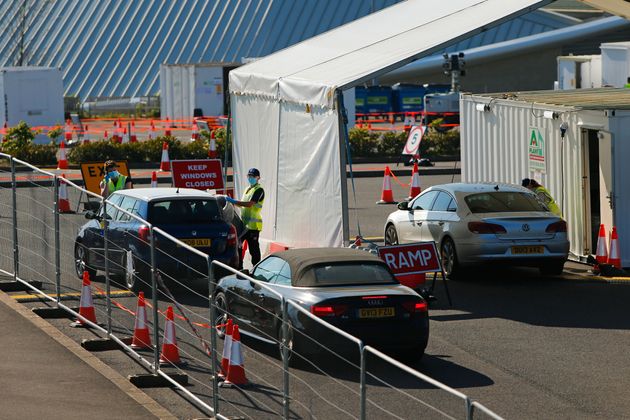 A drive-in coronavirus testing centre at Brighton & Hove Albion's American Express Community Stadium in Falmer.