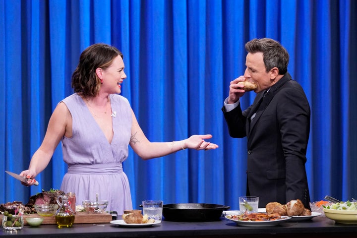 Alison Roman during a cooking segment with late night host Seth Meyers on Oct. 22, 2019.