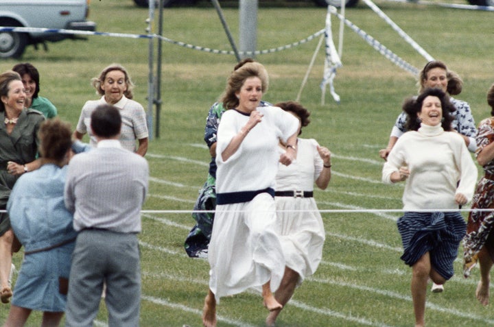 Princess Diana competes in the sports day race in June 1989. 