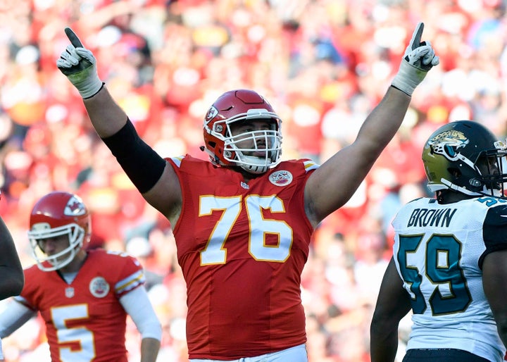 Kansas City Chiefs offensive lineman Laurent Duvernay-Tardif celebrates after a field goal during an NFL football game in 2016.