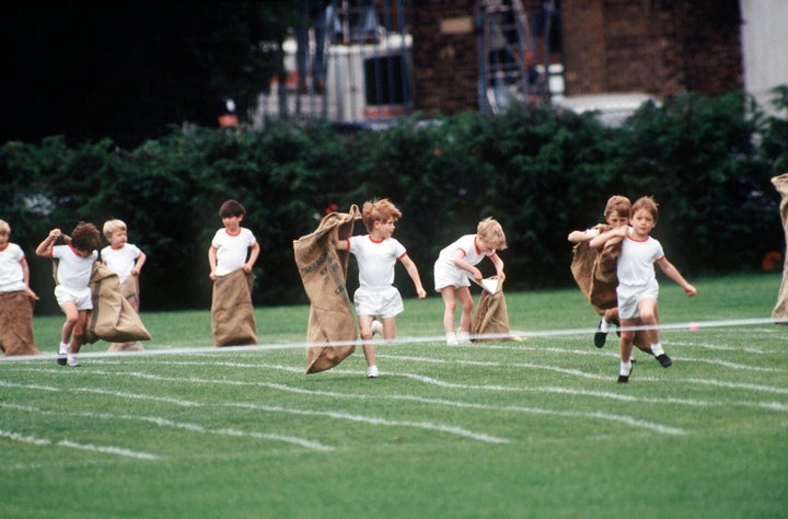 Prince Harry competed in a sack race during sports day in 1991. 