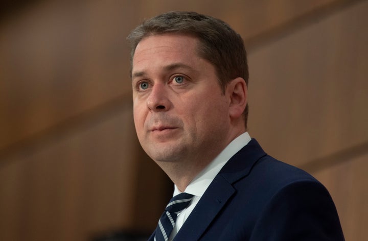 Conservative leader Andrew Scheer listens to a question during a news conference in Ottawa on April 27, 2020.