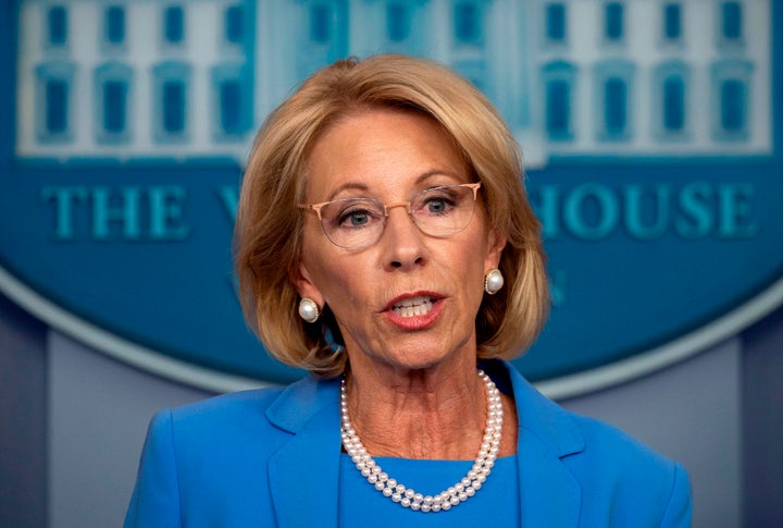 US Secretary of Education Betsy Devos speaks during the daily briefing on the novel coronavirus, COVID-19, in the Brady Briefing Room at the White House on March 27, 2020, in Washington, DC. (Photo by JIM WATSON / AFP) (Photo by JIM WATSON/AFP via Getty Images)