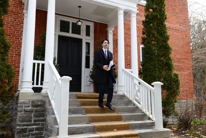 Prime Minister Justin Trudeau on the steps of the Rideau Cottage in Ottawa on April 27, 2020. Trudeau said provinces are welcome to move forward with their own rent relief programs as May approaches. 