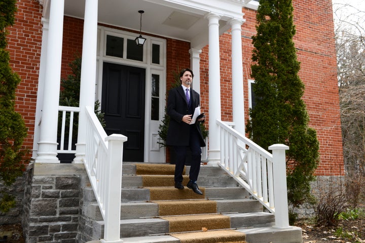 Prime Minister Justin Trudeau on the steps of the Rideau Cottage in Ottawa on April 27, 2020. Trudeau said provinces are welcome to move forward with their own rent relief programs as May approaches.