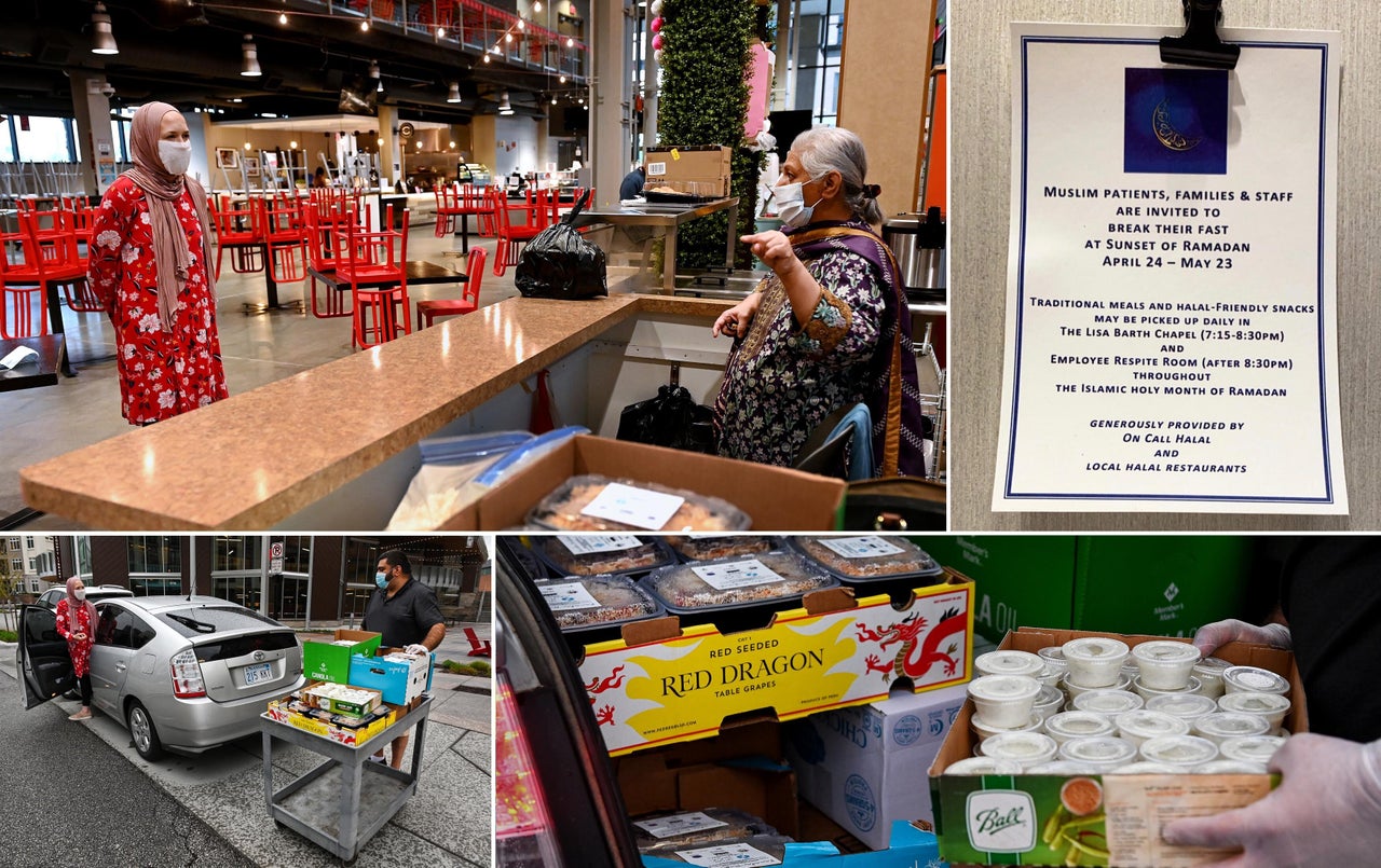 Top left: Kaitlin Abdelrahman, left, and Sohaila Humayon of Sohaila's Kitchen discuss logistics. Top right: A sign hanging up at at Children's Mercy hospital, which partnered with On Call Halal to provide meals to its fasting medical workers. Bottom left: Kaitlin Abdelrahman talks with Ammad Humayon. Bottom right: Some of the food delivered by On Call Halal to Kansas City-area hospitals.