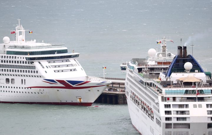 Two P&O cruise ships docked at the Port of Dover in Kent as P&O Cruises is suspending any new cruises until April 11, 2020. (Photo by Gareth Fuller/PA Images via Getty Images)