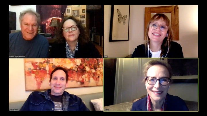 Clockwise from top left: Jay O. Sanders, Maryann Plunkett, Sally Murphy, Laila Robins, and Stephen Kunken in the livestreamed world premiere of the play "What Do We Need To Talk About?" written and directed by Richard Nelson.