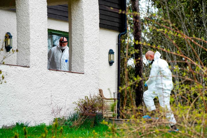 Policemen search the residence of the Hagen couple in Lorenskog near Oslo, Norway, after Anne-Elisabeth Hagen's husband, Tom Hagen, was arrested in a police action in Lorenskog on April 28, 2020. 