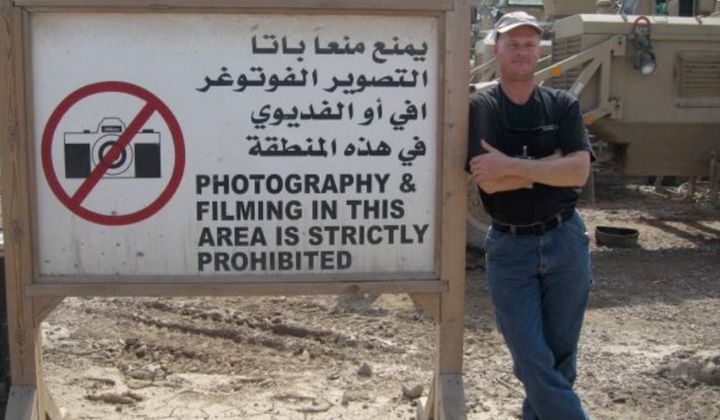 Mark Frerichs, a contractor from Illinois, poses in Iraq in this undated photo obtained from Twitter that he would include with his resume when job hunting. 