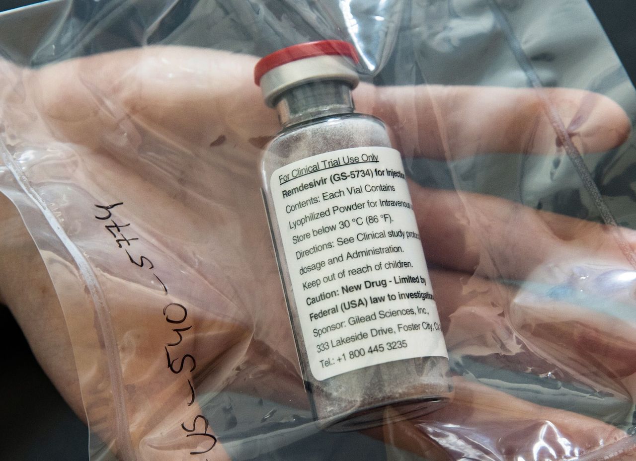 A vial of the drug Remdesivir shown during a press conference about the start of the US-run clinical trial 
