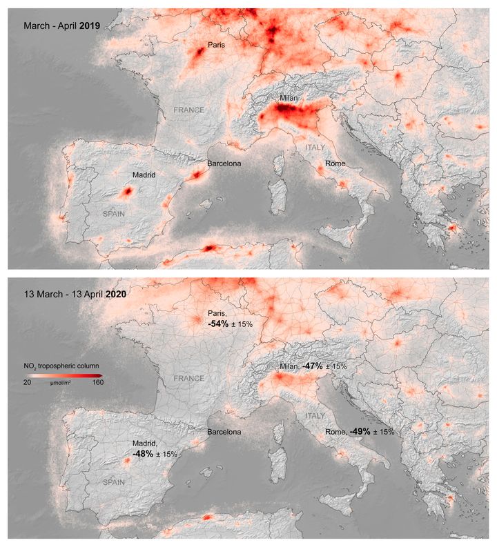 Πάνω: Με έντονο κόκκινο χρώμα καταγράφονται οι εστίες μεγάλης ατμοσφαιρικής ρύπανσης στην Ευρώπη τον Μάρτιο και τον Απρίλιο του 2019.Κάτω: Οι εστίες αυτές έχουν περιοριστεί αισθητά τους ίδιους μήνες του 2020 (εξασθένιση του κόκκινου χρώματος στο γράφημα) χάρη στις απαγορεύσεις κυκλοφορίας λόγω της πανδημίας.