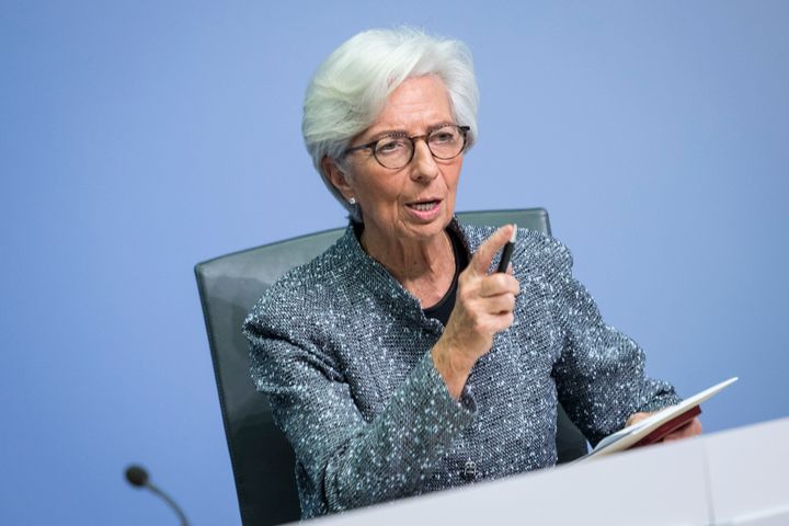 La presidenta del BCE, Christine Lagarde, en una conferencia de prensa.