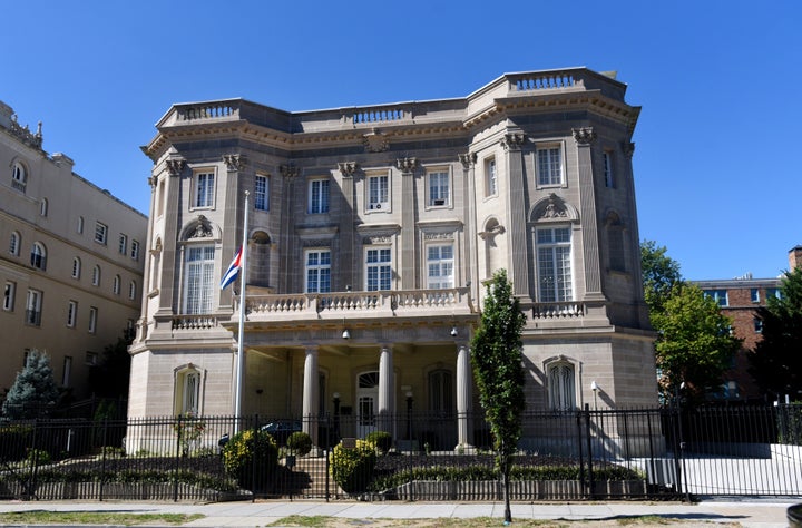 The Cuban flag waves outside of the Embassy of Cuba in Washington, DC on October 3, 2017 in Washington, DC. 