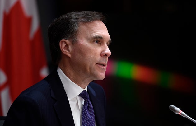 Minister of Finance Bill Morneau speaks at a press conference on Parliament Hill in Ottawa, Sat. April...