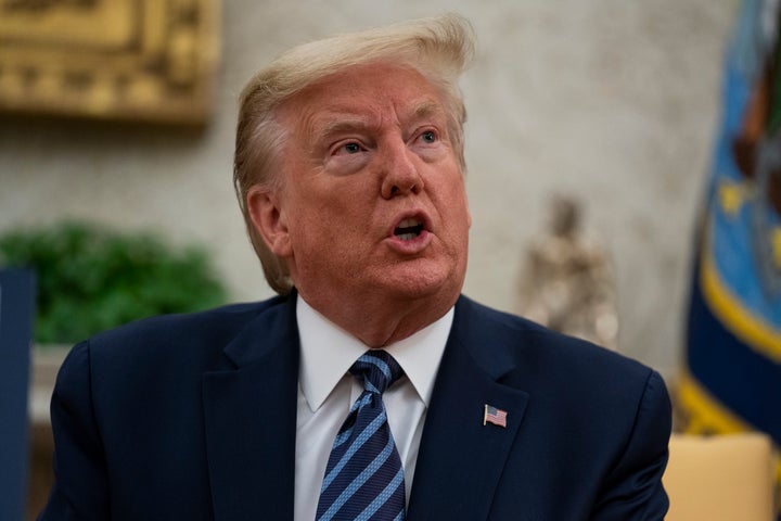 President Donald Trump speaks during a meeting about the coronavirus response with Gov. Phil Murphy, D-N.J., in the Oval Offi