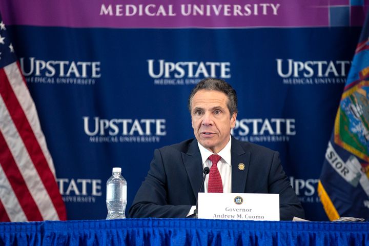 New York Gov. Andrew Cuomo speaks during his daily press briefing on Tuesday. He is attracting criticism for not expediting the release of more prisoners during the coronavirus pandemic.