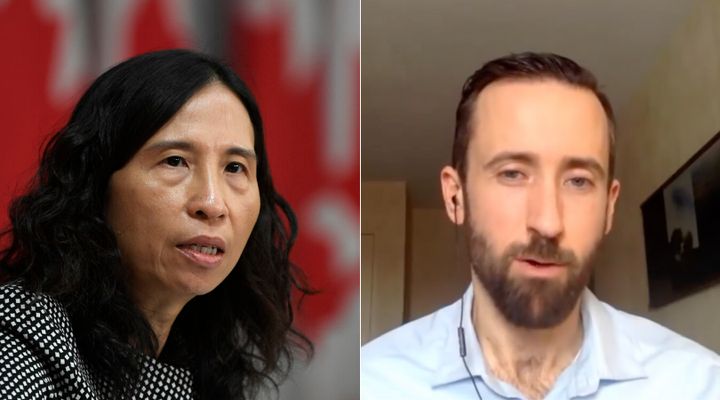 Chief Public Health Officer Theresa Tam (left) attends a press conference in Ottawa on April 29, 2020. Conservative leadership candidate Derek Sloan (right) discusses his policies in a video uploaded to Facebook on March 5, 2020.