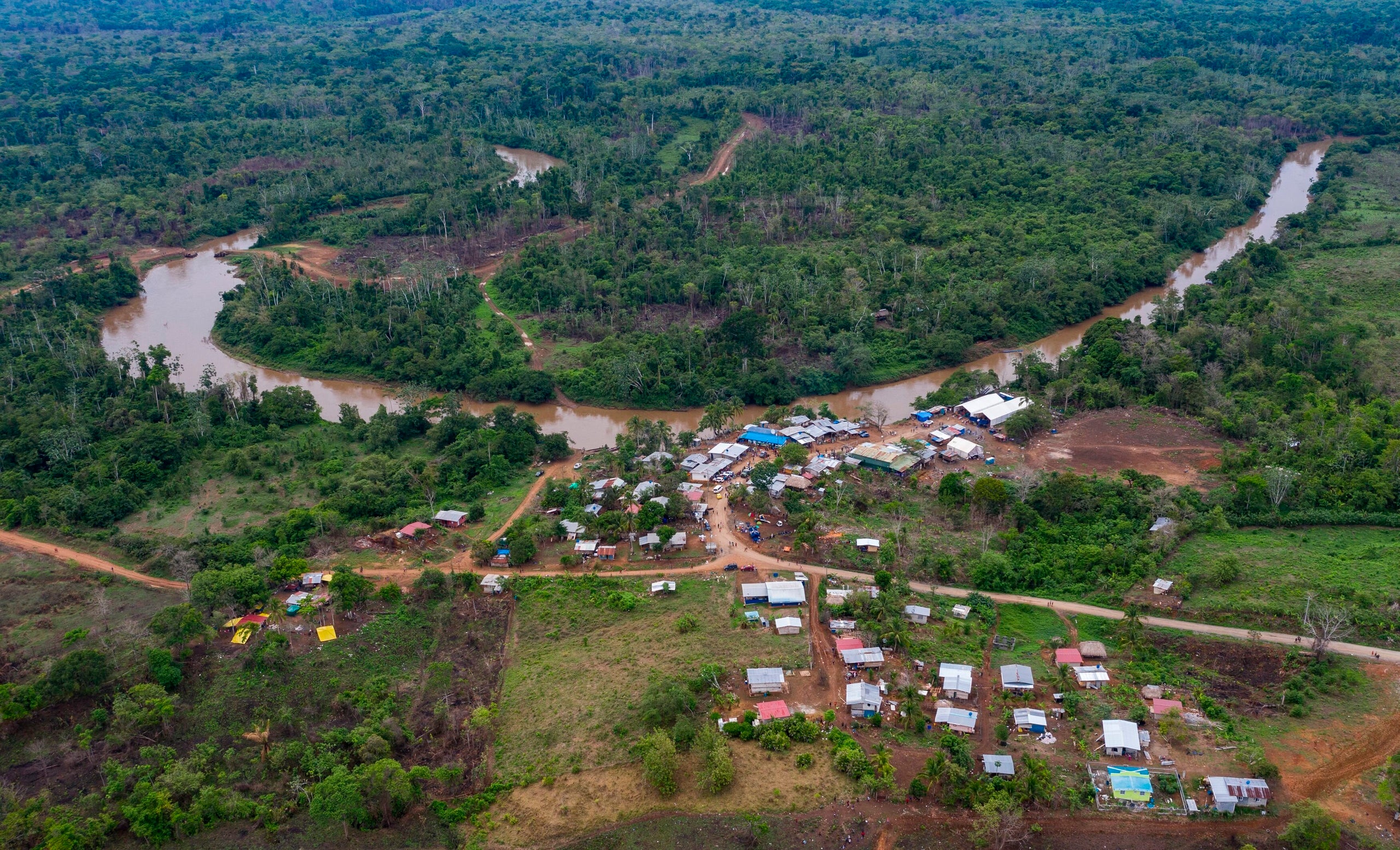 Aerial view of the La Penita indigenous village in Panama. Migrants cross the border between Colombia and Panama through the 