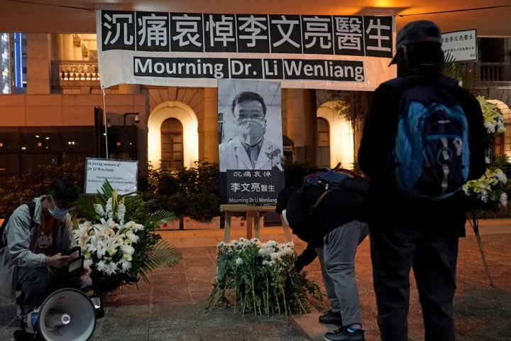 People in Hong Kong attend a vigil on Feb. 7, 2020 for Chinese doctor Li Wenliang, who died of COVID-19 at age 33. 