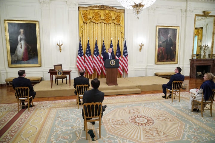 President Donald Trump speaks on protecting America's seniors from the COVID-19 pandemic in the East Room of the White House on April 30, 2020.