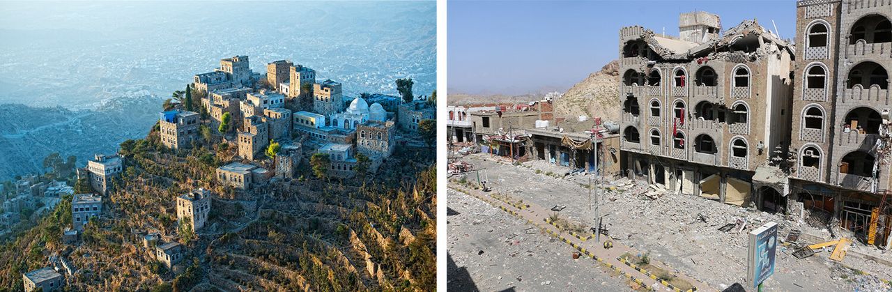 Left: Taiz before 2015. Right: Buildings in Taiz demolished after bombings in 2015.