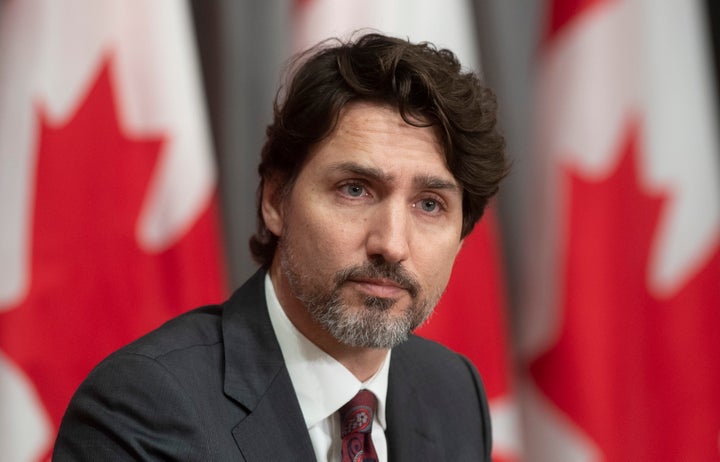 Prime Minister Justin Trudeau is seen during an announcement on a ban on military-style assault weapons during a news conference in Ottawa on May 1, 2020.