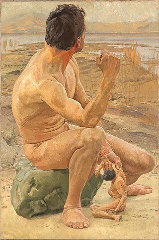 Ο Προμηθέας κρατά στα χέρια του έναν άνθρωπο που έχει φτιάξει από πηλό και περιμένει την Ψυχή για να το δώσει ζωή. Πίνακας του Otto Greiner (1909)