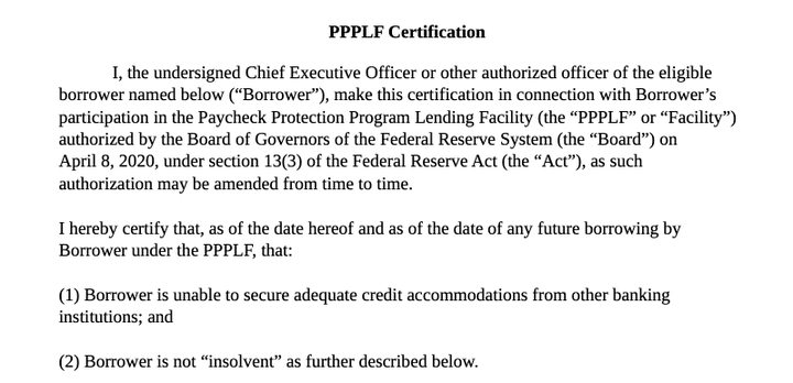 Part of the statement required by applicants in the Paycheck Protection Program.